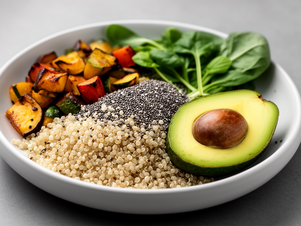 Zbliżenie na zbalansowany talerz z jedzeniem: kasza quinoa, pieczone warzywa, awokado, nasiona chia – estetyczna prezentacja zdrowego posiłku