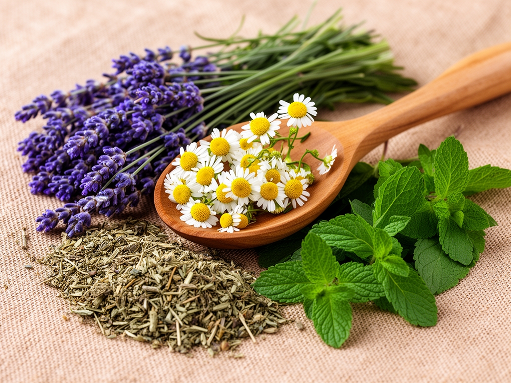 Różnorodne suszone zioła i rośliny: lawenda, rumianek, melisa, mięta, ułożone na naturalnym płótnie z drewnianą łyżką