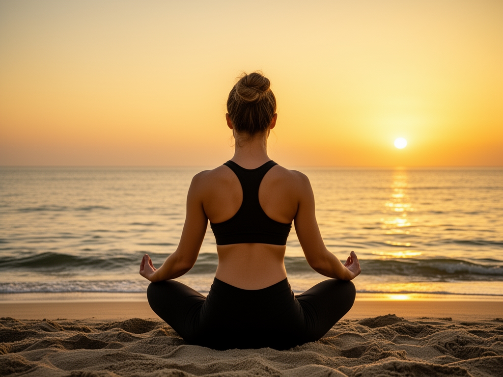 Osoba siedząca w medytacyjnej pozie na plaży o zachodzie słońca, spokojne morze w tle, złociste światło wieczorne
