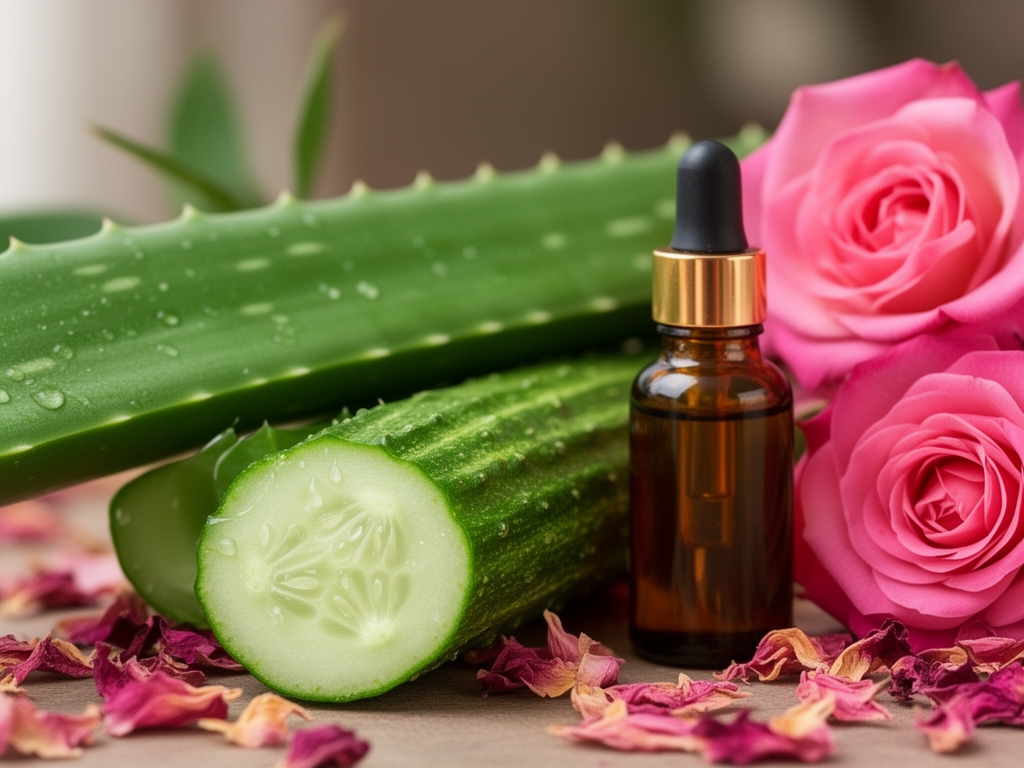 Zbliżenie na składniki pielęgnacyjne: żel aloesowy, plasterek ogórka, płatki kwiatów róży, esencja naturalna – naturalne składniki kosmetyczne
